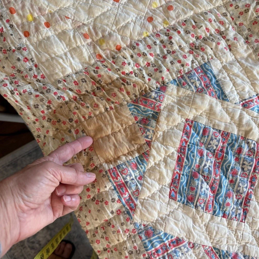 Vintage 1940s Handmade Patchwork Quilt Hand Stitched Floral Primitive 67 x 78